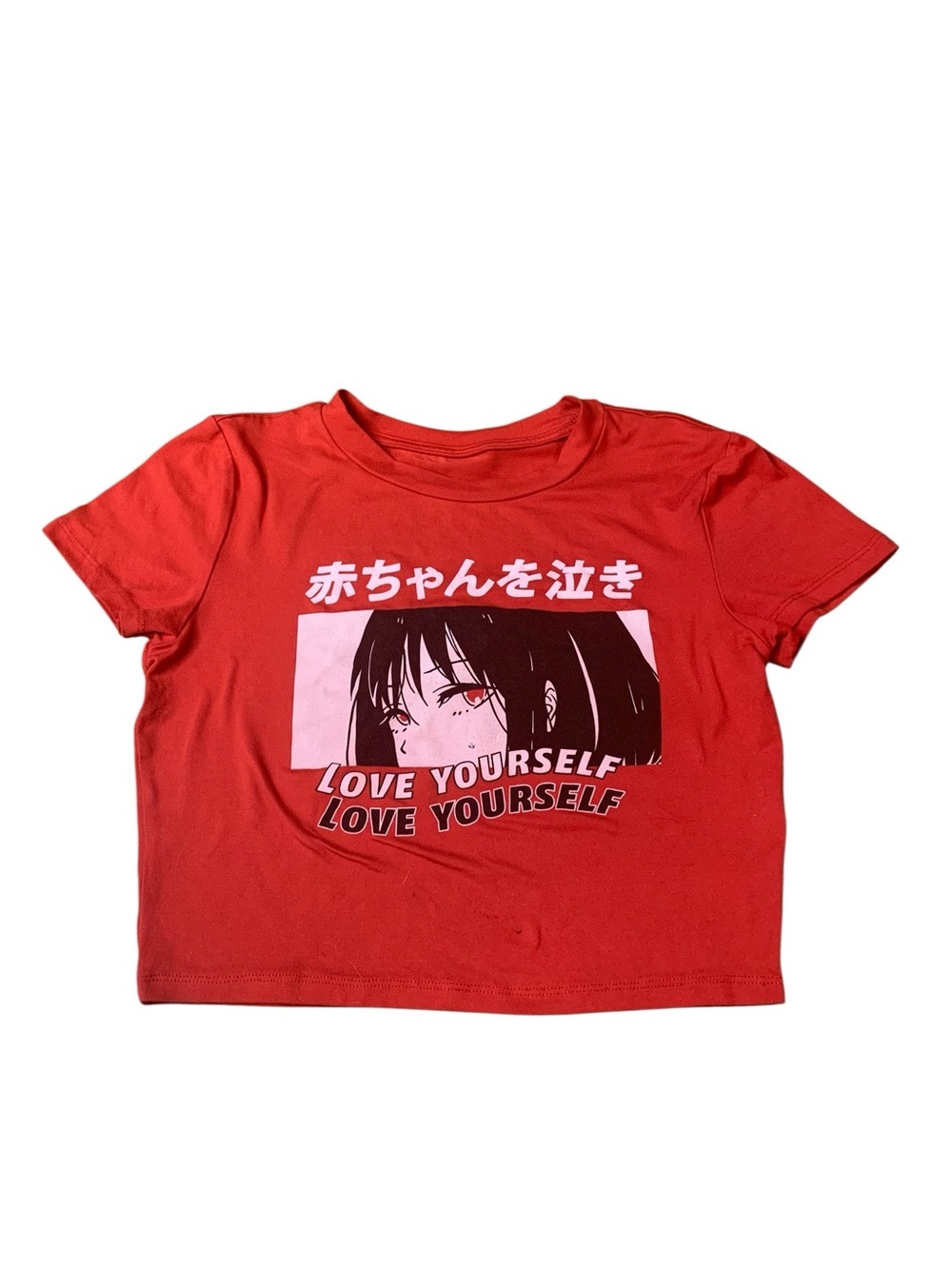Red Anime Girl "Love Yourself" Graphic Crop Top - Japanese Text - Small/XS